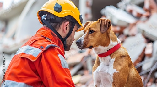 Emergency rescue team with search dog mobilizing to find survivors in rubble after disaster photo