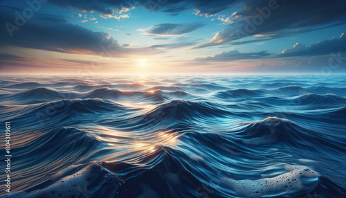 A digital artwork showcasing vibrant ocean waves under a sunset sky  set on a photorealistic background  evoking the concept of nature s beauty. Generative AI