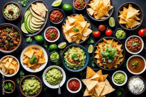 Mexican food, many dishes of the cuisine of Mexico, flat lay, shot from above on a black background. Nachos, tequila, guacamole 