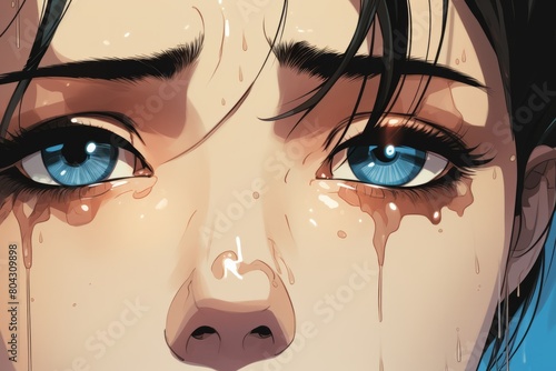 This close-up shot shows a person with striking blue eyes. Tears are streaming down their face, conveying strong emotion and vulnerability