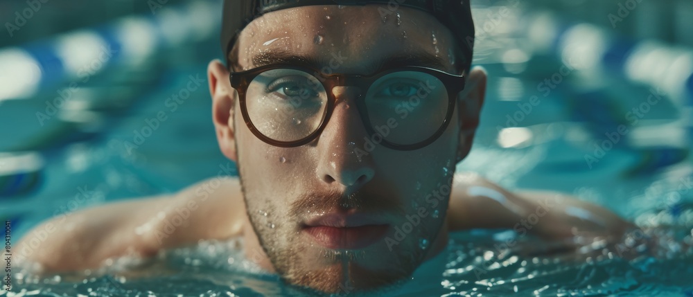 Stylish professional male swimmer in swimming pool in glasses and cap, looking confidently at the camera as he prepares to jump and win the competition. Compelling cinematic portrait of a confident