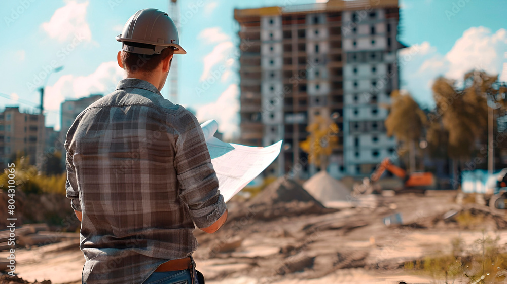 Construction worker looking at blueprints, construction site in the background