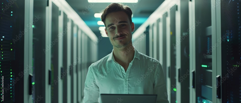 Fototapeta premium Stunning portrait of handsome e-Business engineer using tablet computer in huge server farm. Successful male e-Business engineer in cloud computing facility.