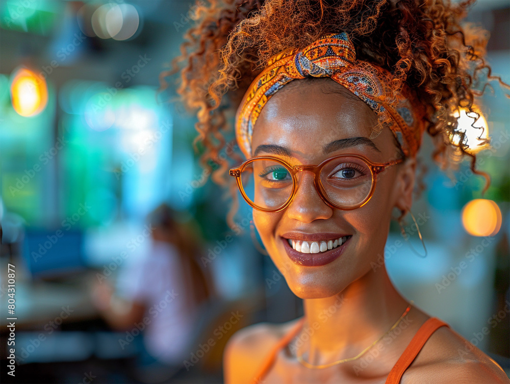 Portrait of beautiful smiling black woman wearing eyeglasses working in coffee shop, blurred background with people at work and bright lights. Use wideangle lens to capture the girl's smile, looking i Portrait of beautiful smiling black woman wearing eyeglasses working in coffee shop, blurred background with people at work and bright lights. Use wideangle lens to capture the girl's smile, looking i