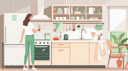 Young woman with eco bottle for drink in kitchen Vector