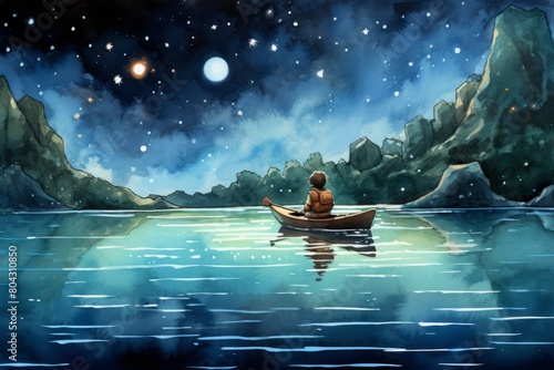 A painting depicting a person sitting in a boat on the water. The scene showcases the calmness of the water and the solitude of the individual in the boat © Vit