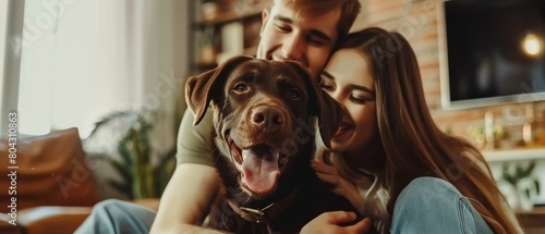 This video shows a happy couple playing with their dog, a gorgeous brown labrador retriever. The couple teases, pets, and scratches the dog in the living room while having fun.