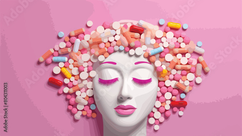 Happy face made of pills on pink background. Banner