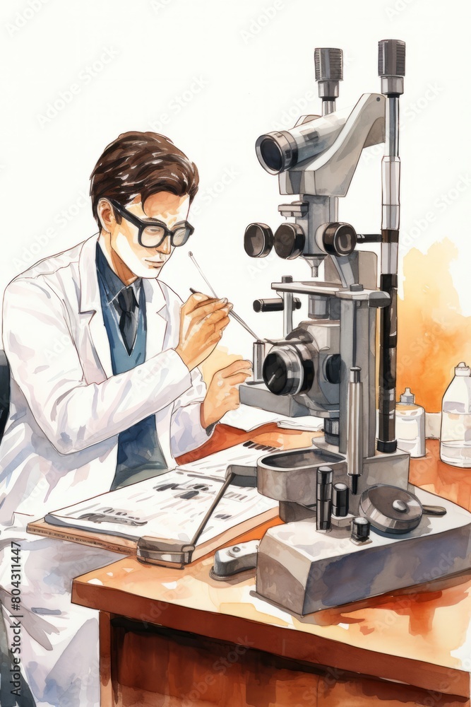 A man in a lab coat, identified as an ophthalmologist, is carefully examining eye tissue through a microscope in a medical laboratory setting A man in a lab coat, identified as an ophthalmologist, is carefully examining eye tissue through a microscope in a medical laboratory setting