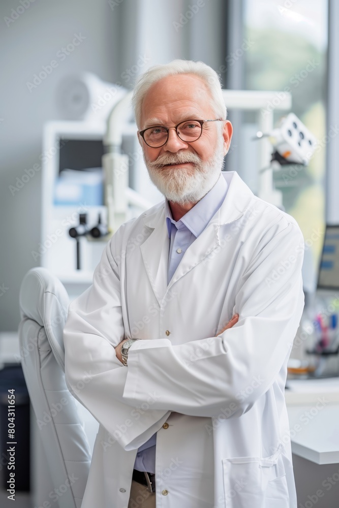 Senior medical professional with arms crossed stands in a modern clinic setting, exuding experience and confidence.