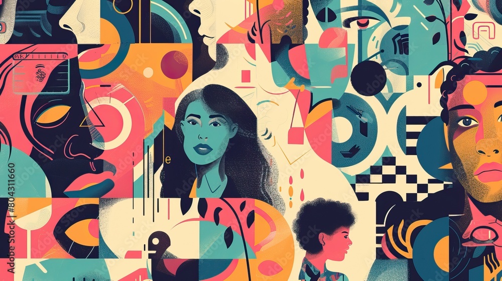 Diverse Faces in Abstract Art. Colorful abstract illustration featuring a collage of diverse faces and geometric shapes, highlighting themes of diversity and unity.