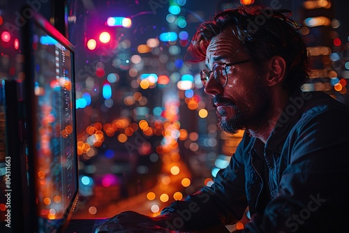Focused Man Working at Night, Illuminated by City Lights, in a Modern Office