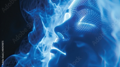 Blue Wireframe Face with Smoke. Digital artwork of a blue wireframe face with smoke effects on a dark background, conveying a sense of technology and artistry. photo