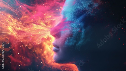 Cosmic Dream. A surreal portrait of a woman with her hair and profile transforming into a vibrant cosmic scene  featuring stars and nebulae in red and blue tones.