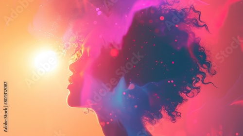 Cosmic Dream. A surreal portrait of a woman with her hair and profile transforming into a vibrant cosmic scene, featuring stars and nebulae in red and blue tones.
