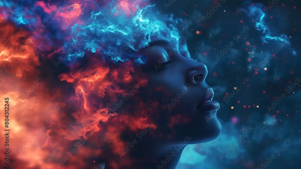 Cosmic Thoughts. A surreal portrait of a woman with a cosmic galaxy merging with her head, symbolizing deep thoughts and the universe within.