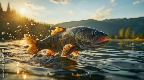 Close up of fish black bass (Micropterus salmoides) jumping from the water with bursts in high mountain clean lake or river, at sunset or dawn, picturesque mountain summer landscape. Copy space. photo