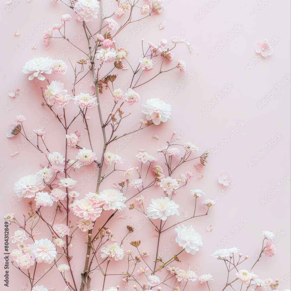 Fototapeta premium A beautiful arrangement of pink and white flowers on a pink background.