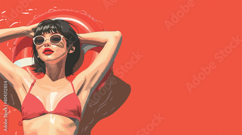 Young woman with swim ring on red background Vector 