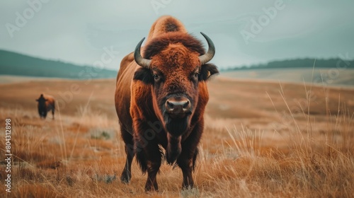 Beautiful big brown Bison wild animal in dry field, close up view of animal, minimalist landscape wildlife 