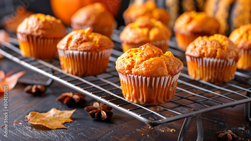 Cooling rack with tasty pumpkin muffins on table 