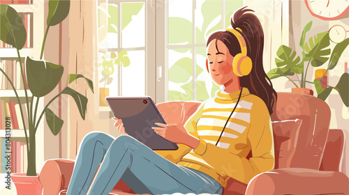 Young woman with tablet computer listening to audiobook photo