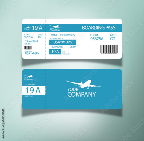 Airplane ticket. Flight boarding pass design. Air, plane, airline card template. Fly, travel concept. Vector illustration.