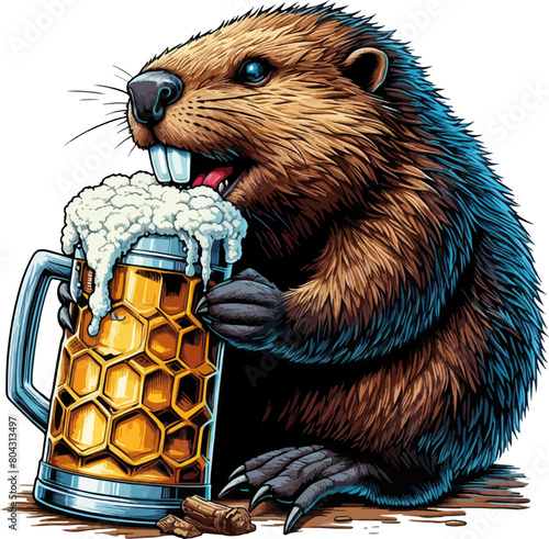 vector illustration of the cartoon beaver with glass of beer