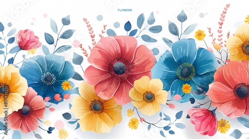 Group of Colorful Flowers on White Background