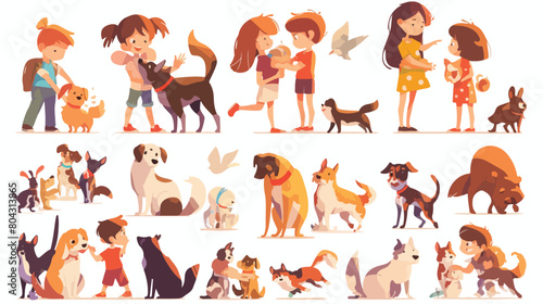 Happy kids play and walk with animals vector illust © Mishi