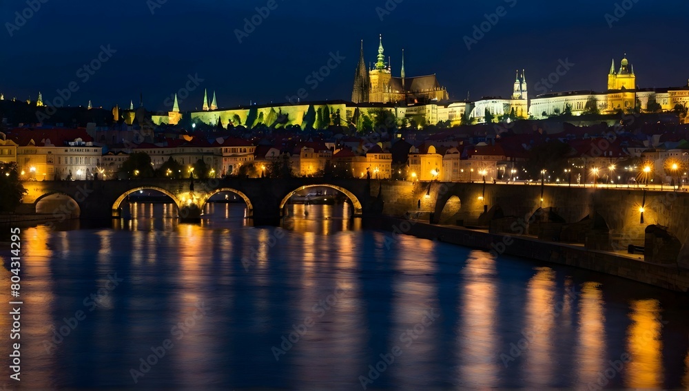 Panoramic view of bridges on Vltava river in Prague at night