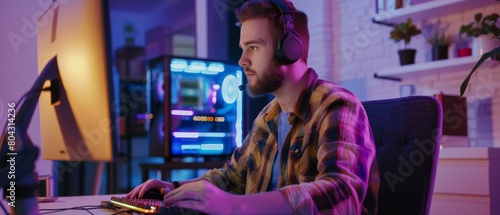 Male Website Developer  Software Engineer working on video games  apps and podcasts while wearing headphones at the office.