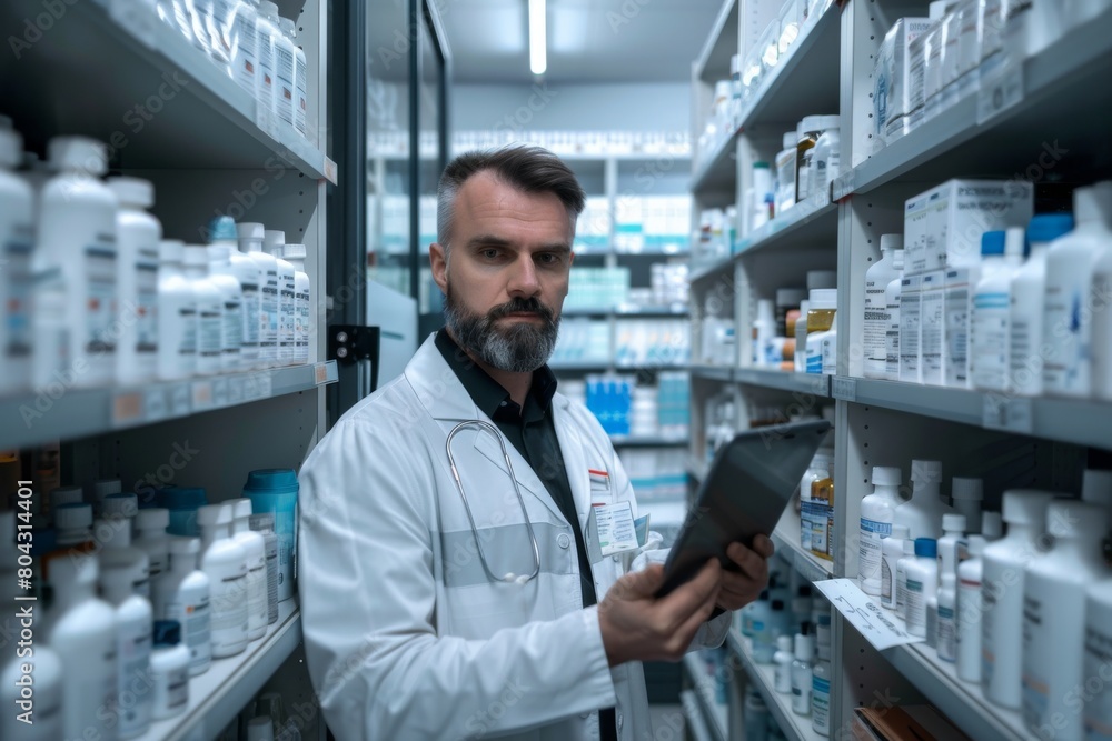 Pharmacist with tablet computer taking inventory in pharmacy