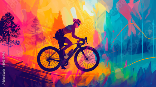 Colorful abstract illustrationg of cycling. Concept of active lifestyle, fitness technology, healthy living and nature exploration