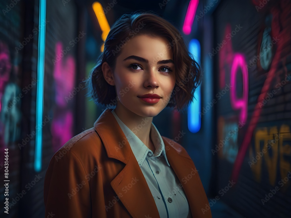 Portrait of a white woman in the neon city, portrait of a person in the city, neon city, neon lighting, neon lights, lights, blue neon punk, cyberpunk lights Portrait of a white woman in the neon city, portrait of a person in the city, neon city, neon lighting, neon lights, lights, blue neon punk, cyberpunk lights