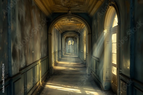 Hallway with many doors. Hallway with many doors which lead into magical worlds .