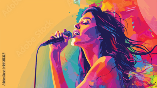Beautiful young female singer with microphone on color