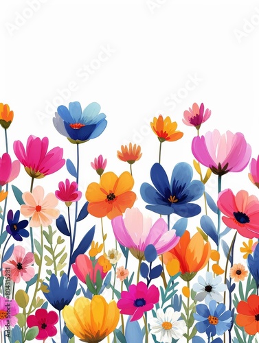 Colorful Field of Flowers on White Background