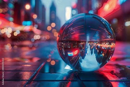 Hyper-realistic chrome sphere exhibiting a high-fidelity reflection of a neon cityscape. photo