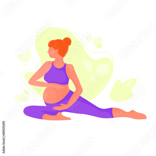 Young pregnant woman in sportswear does exercises. Happy pregnancy concept.Pregnant woman doing yoga or stretching physical exercises.Modern vector flat illustration