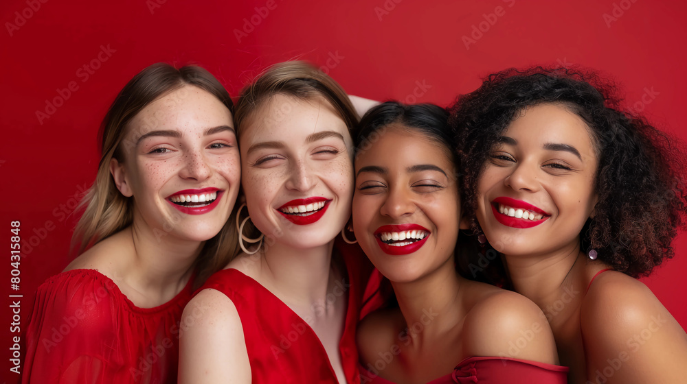 Fototapeta premium Studio headshot of four beautiful women wearing red dresses and red lipstick on a crimson red background