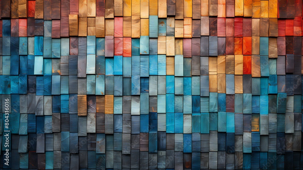 Abstract colorful wood texture for backdrop; wood aged art architecture texture abstract block stack on the wall