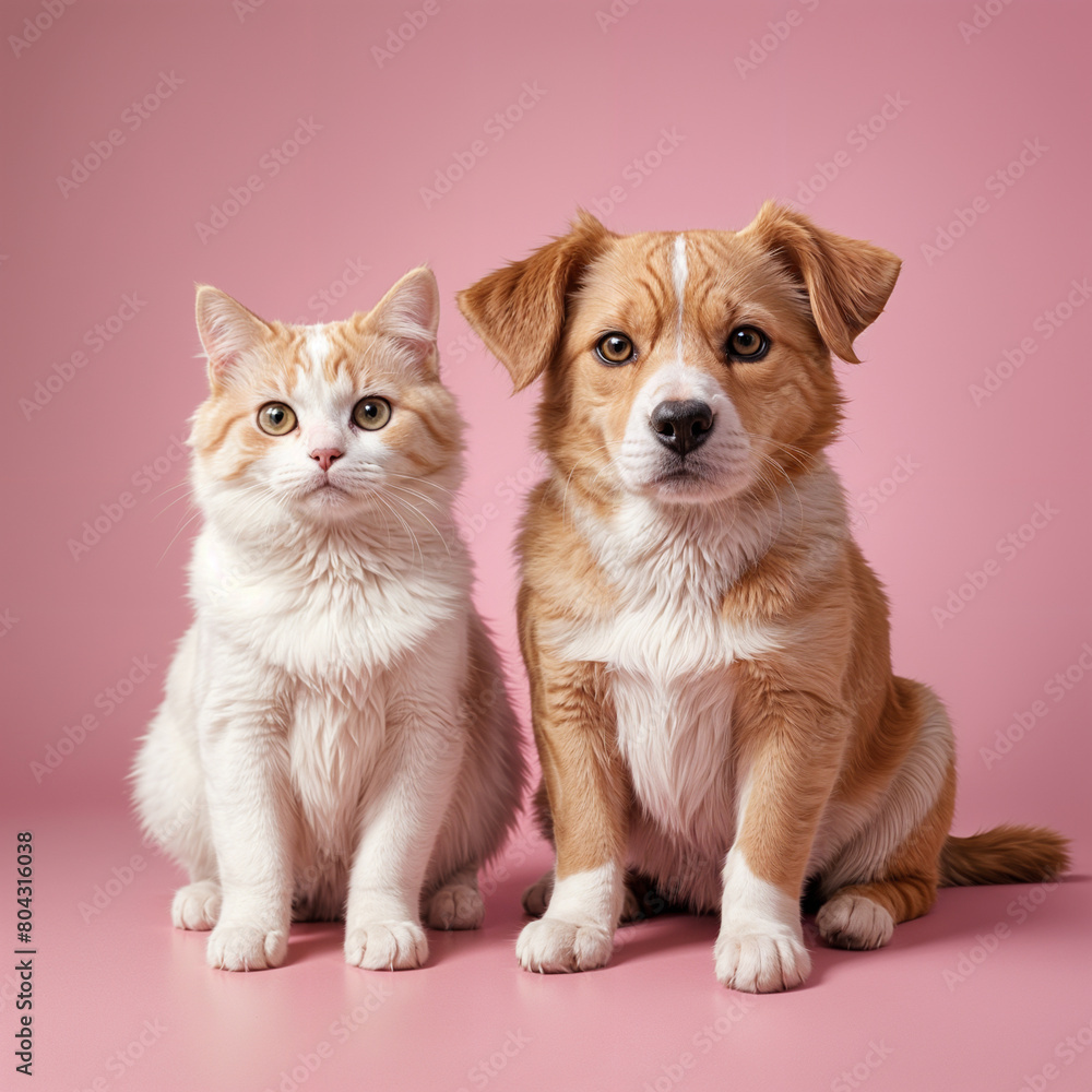kitty and puppy friendship bond on pink background