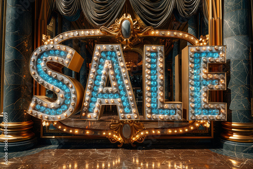 A glamorous SALE sign, bedazzled with sparkling diamond-like letters among elegant marble columns and lush velvet curtains. Shopping and consumerism