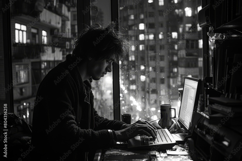 Young man immersed in remote work by the towering urban dwellings view from window, freelance lifestyle