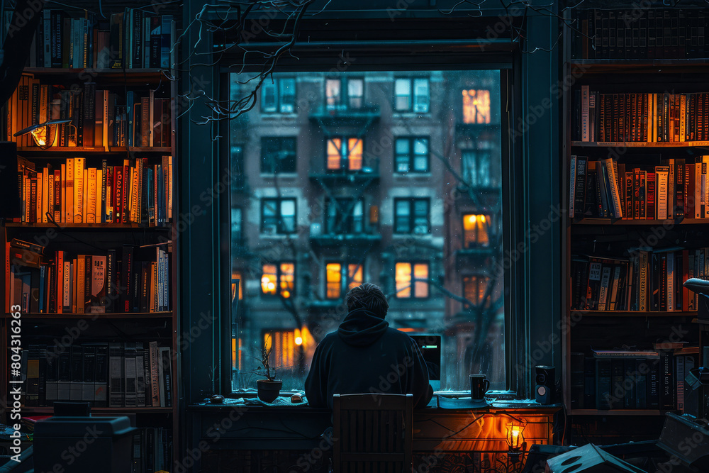 Rear view of male freelancer works late at home by a cityscape of high-rise apartment buildings, remote occupation Rear view of male freelancer works late at home by a cityscape of high-rise apartment buildings, remote occupation