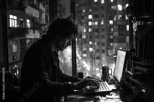 Young man immersed in remote work by the towering urban dwellings view from window, freelance lifestyle