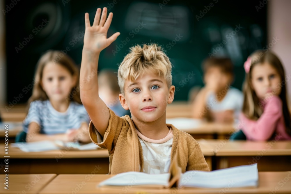 boy raising hand while answering in class at elementary school boy raising hand while answering in class at elementary school