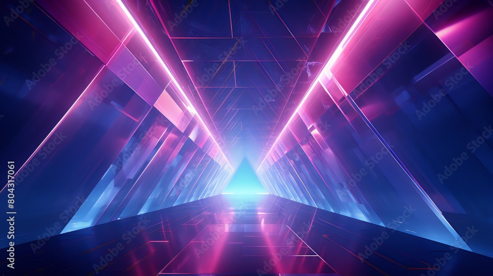 Abstract flying in a futuristic corridor including triangles as the backdrop, blue and pink spectrum, neon lights that change color, geometric unending tunnel, fluorescent light, and neon lines Abstract flying in a futuristic corridor including triangles as the backdrop, blue and pink spectrum, neon lights that change color, geometric unending tunnel, fluorescent light, and neon lines