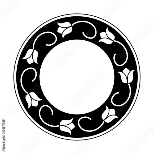 Round frame with floral motifs. Decorative lilies vector line art illustration.